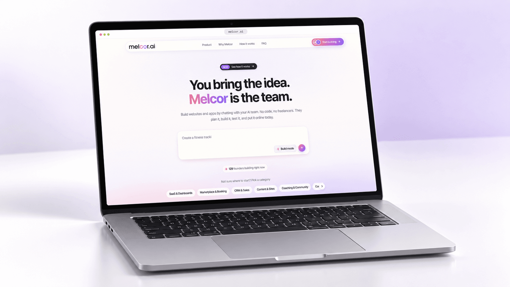 The melcor.ai landing page, where a founder describes a product idea to an AI team