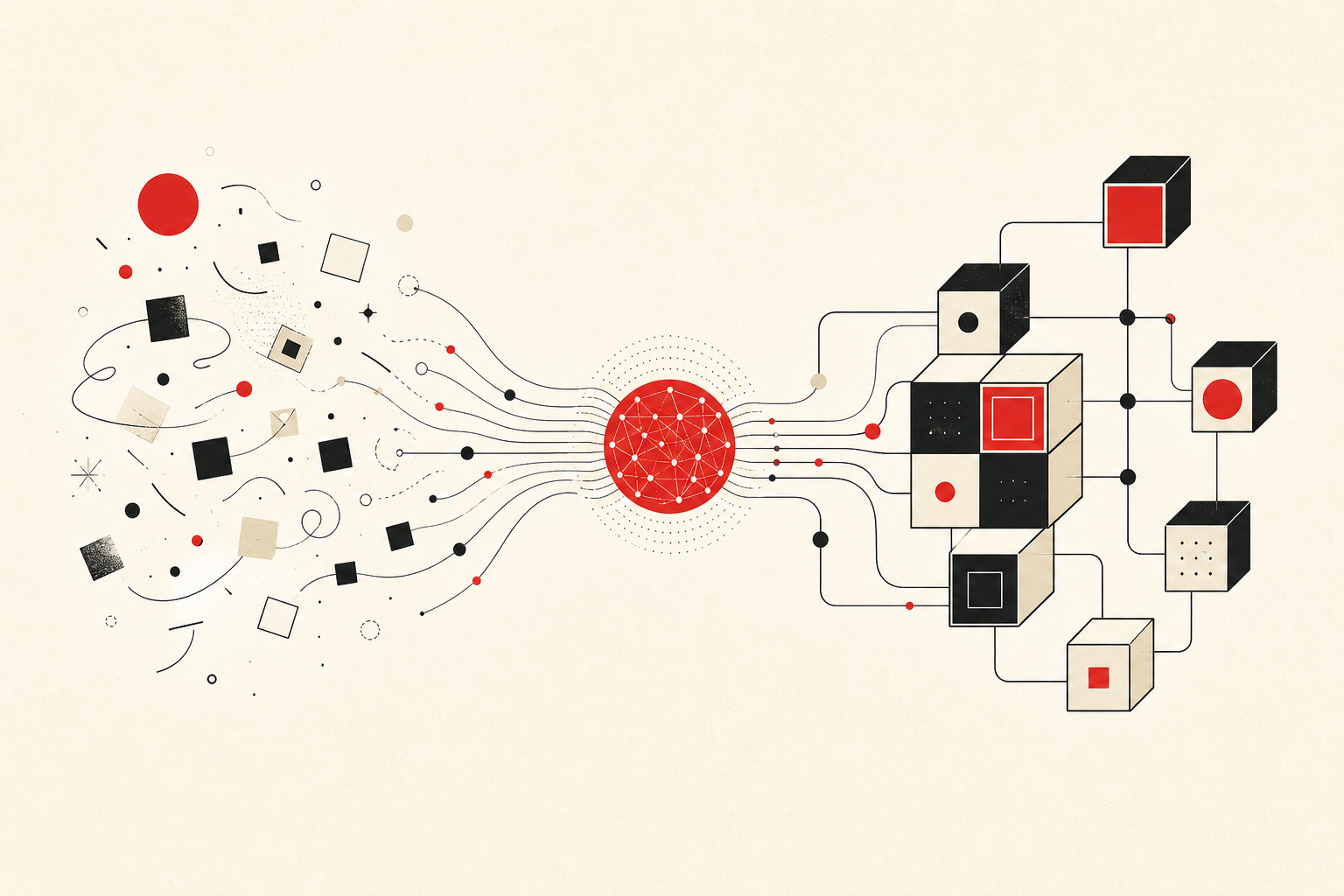 Abstract illustration of ideas flowing through an AI network into an organized software system