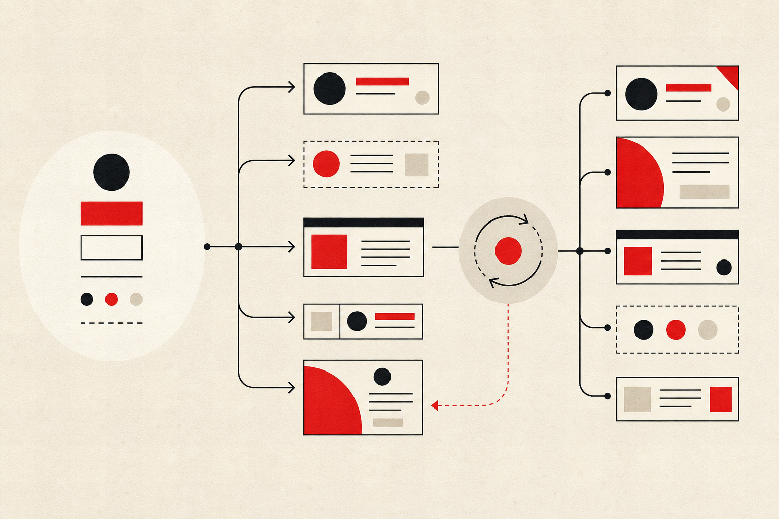 Abstract illustration of reusable design primitives branching into cohesive interfaces