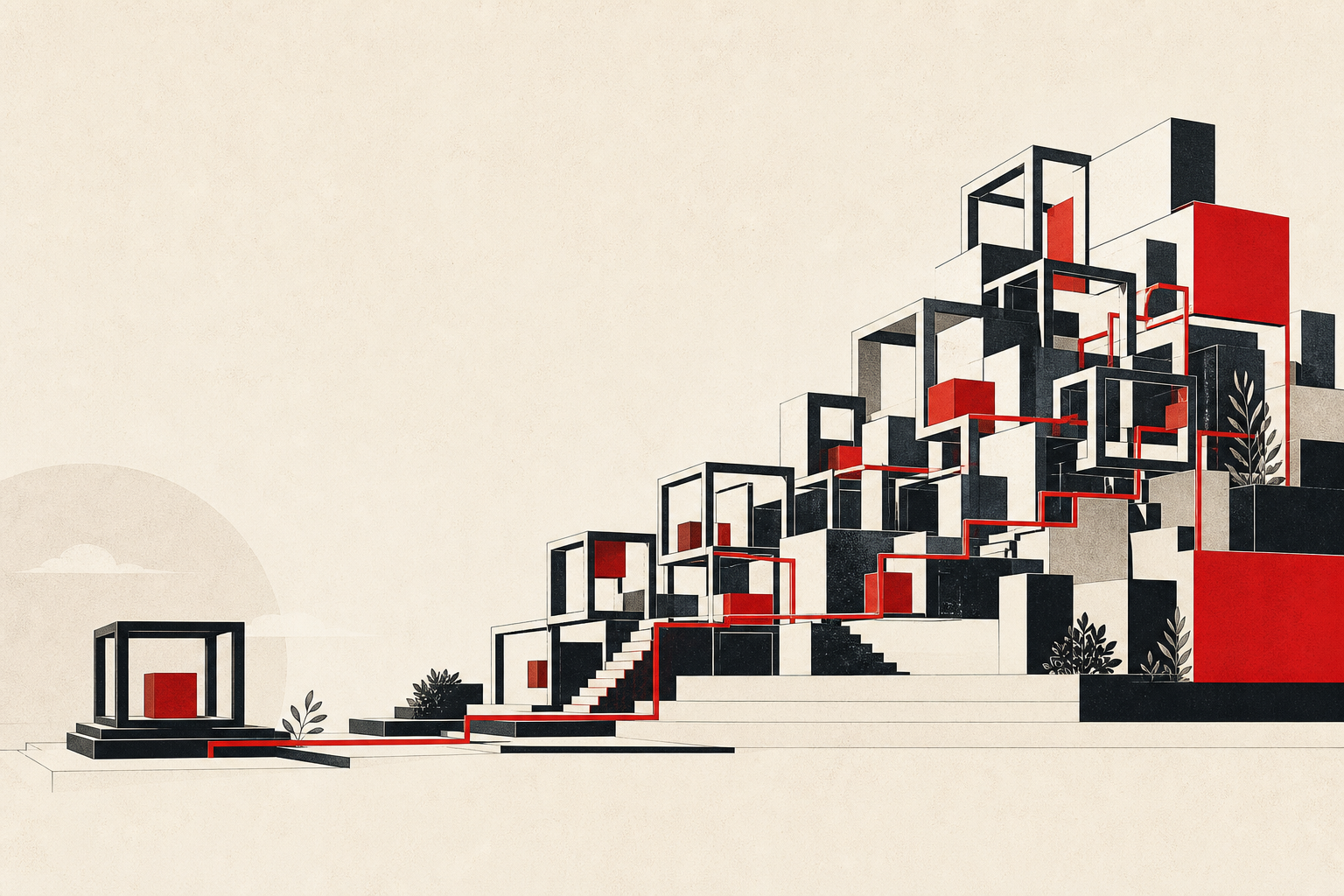 Abstract architectural illustration of a small software foundation growing into a connected system