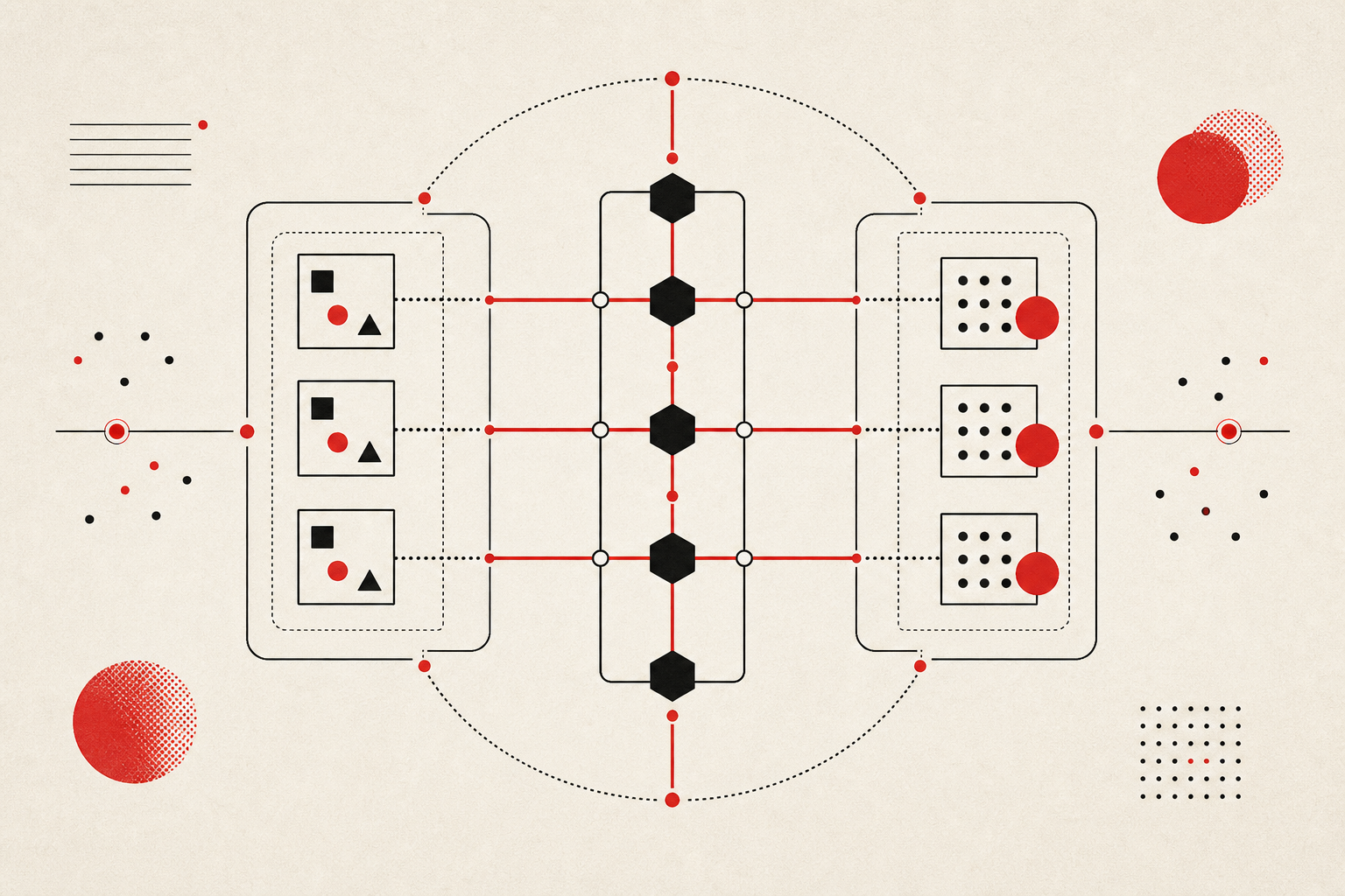 Abstract illustration of system boundaries and observable signals around a central backbone