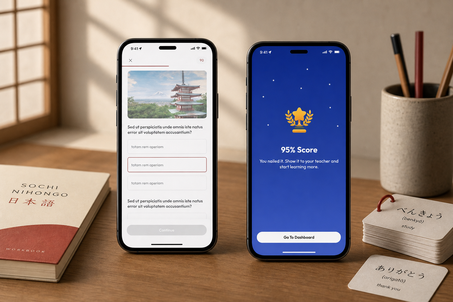 Sochi Nihongo quiz and score feedback screens shown side by side