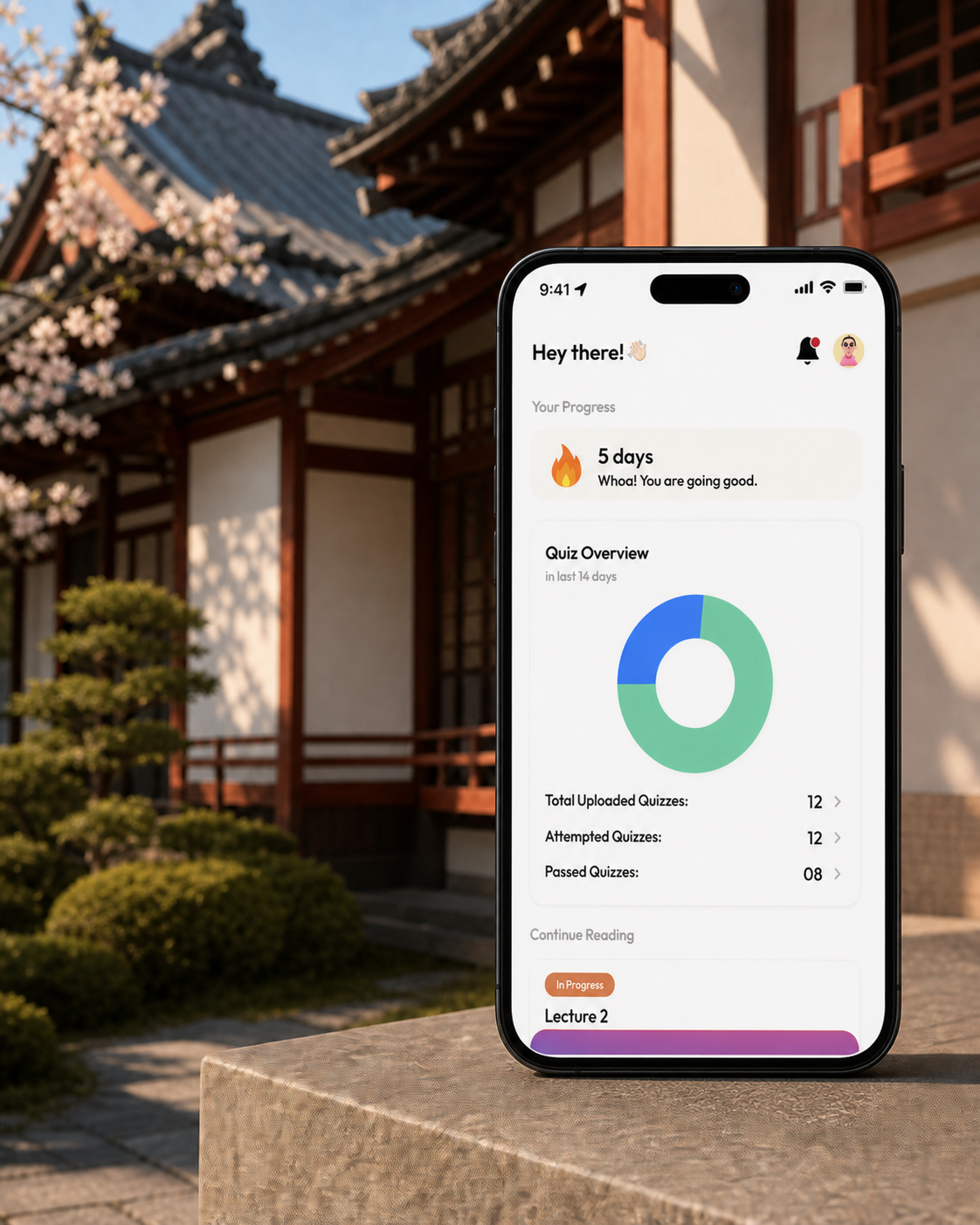 Sochi Nihongo mobile learning dashboard presented outside a Japanese language school