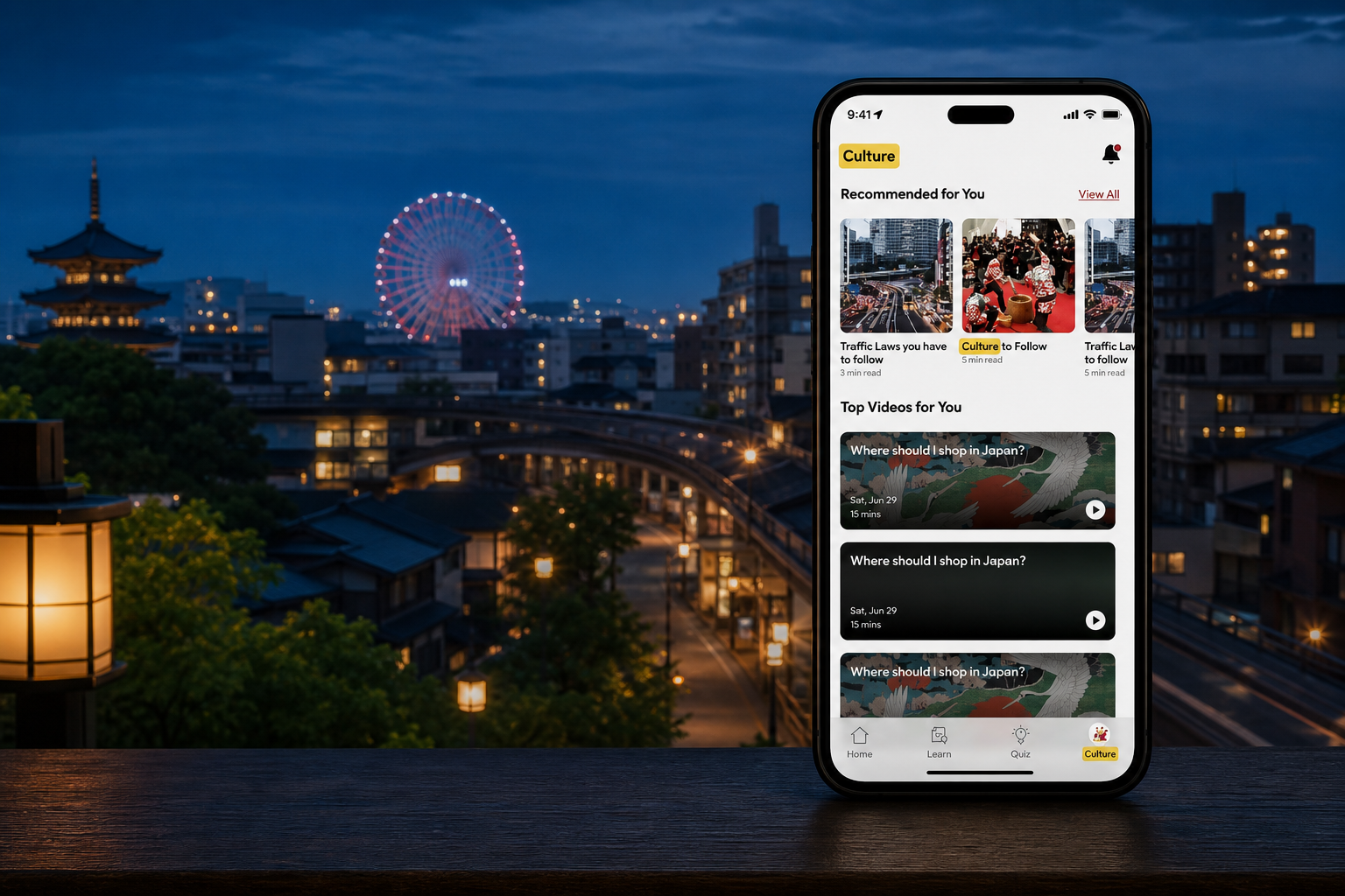 Sochi Nihongo cultural learning feed against a Japanese city at night