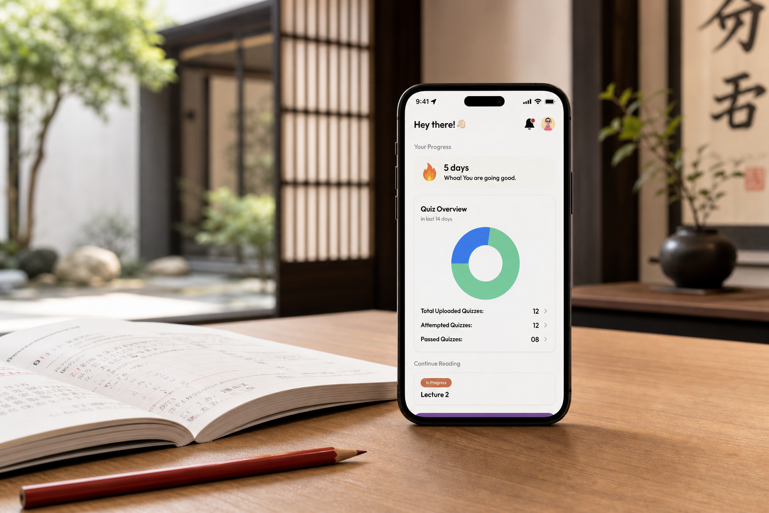 Sochi Nihongo student dashboard displayed on a phone in a Japanese study room