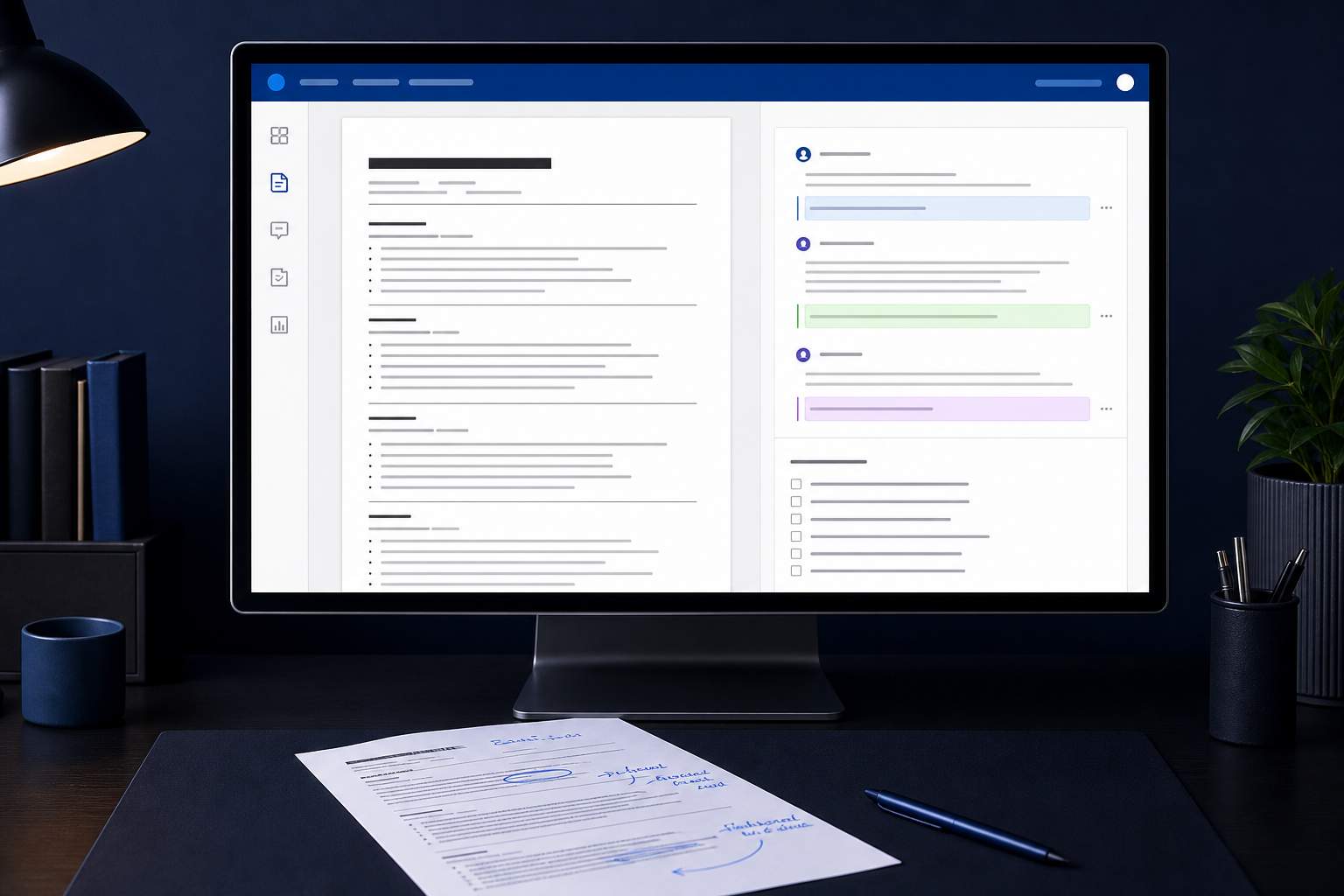 Desktop resume draft review workspace with editorial comments